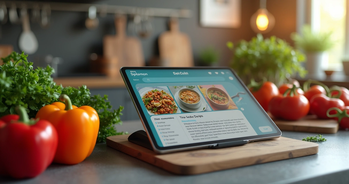 Tablet sobre a bancada da cozinha exibindo um aplicativo de culinária com legumes.