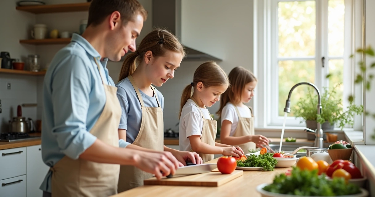 Family cooking together in a bright kitchen, children helping with meal preparation 