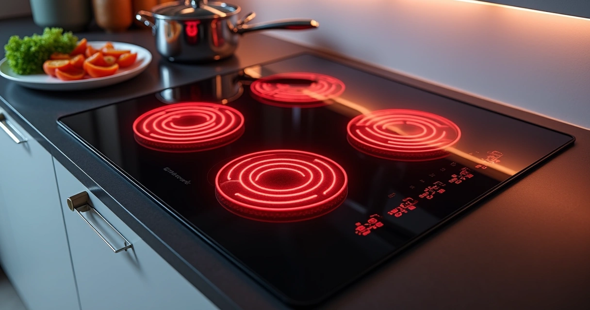 Cooktop elétrico moderno em bancada preta com utensílios ao redor 