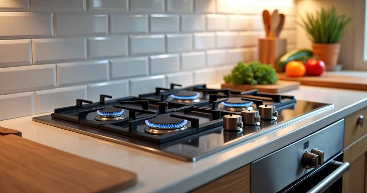 Cooktop a gás instalado em bancada de cozinha moderna 