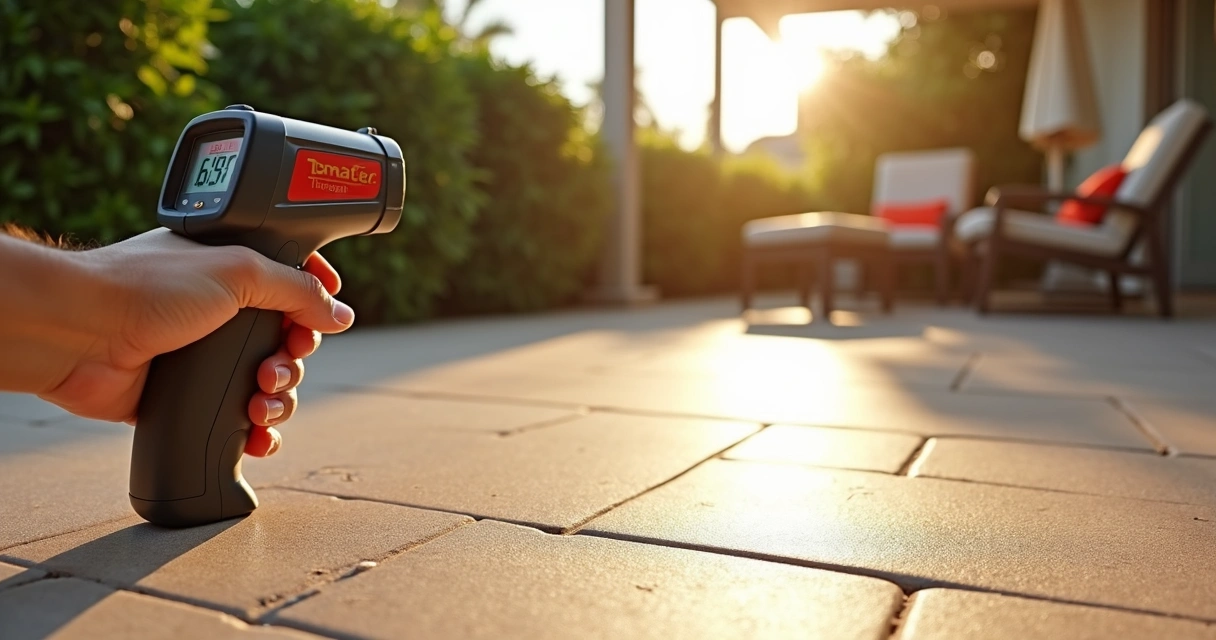 Hand holding infrared thermometer measuring temperature of a light-coated patio surface in Central Florida backyard 
