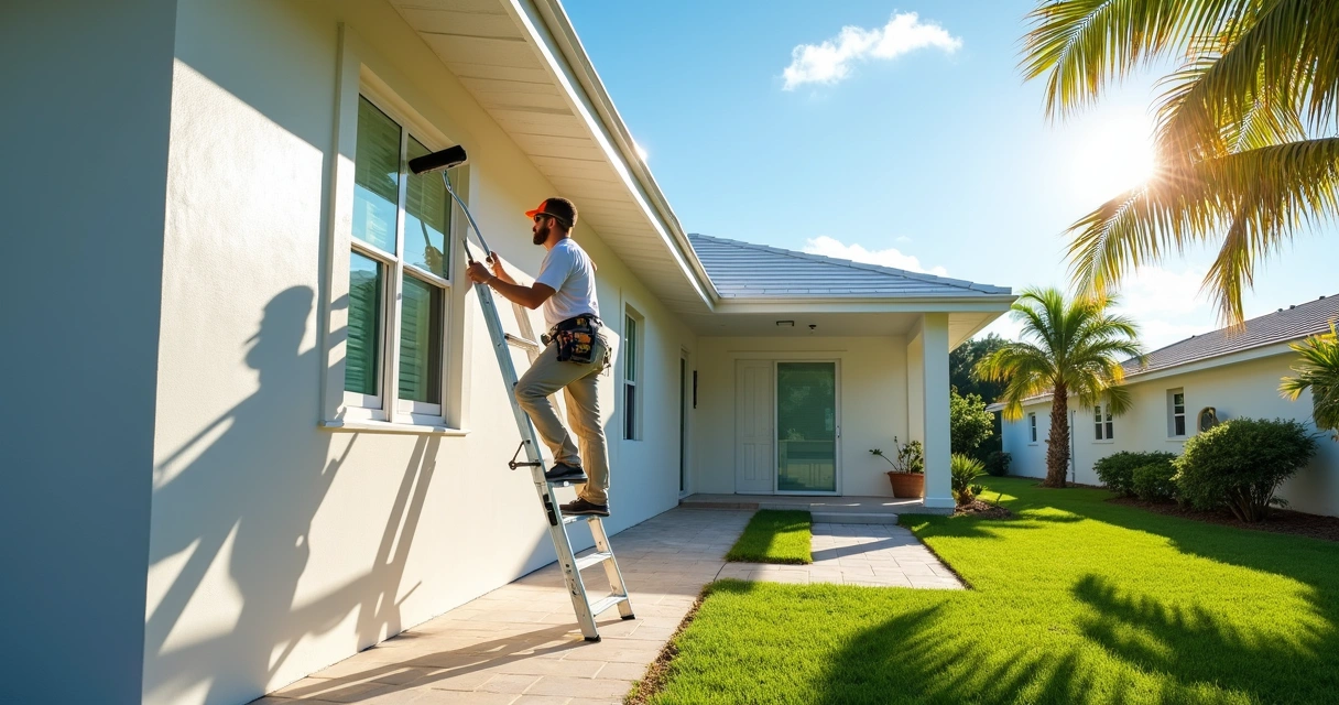 Contractor rolling light reflective paint on a bright Florida home exterior wall 