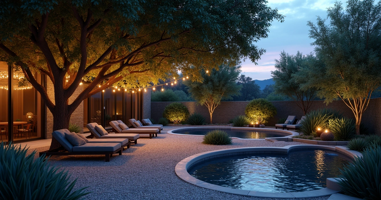 Yard at dusk showing seating in deep shade with water feature 
