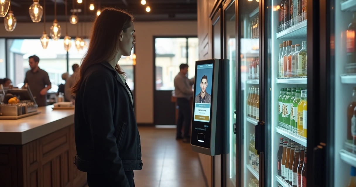 Cooler de autoatendimento moderno em restaurante, verificação facial em tela 