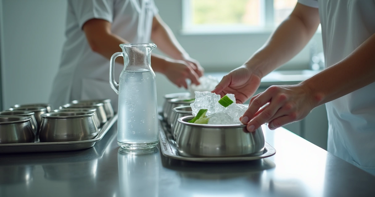 Staff adding ice and fruit to pet water bowls 