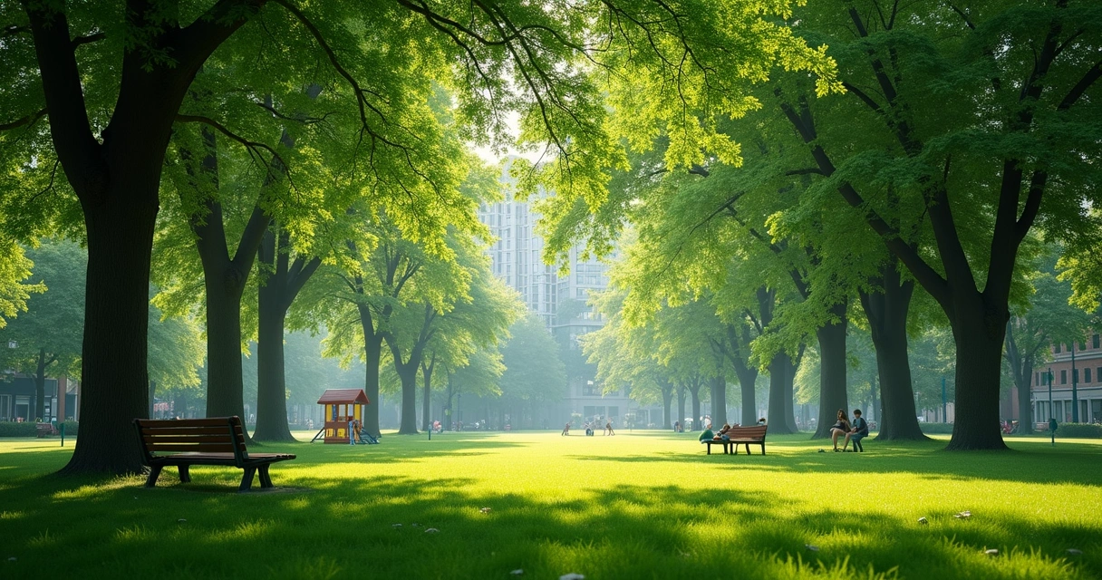 Tree canopy shading park bench and children’s play area 