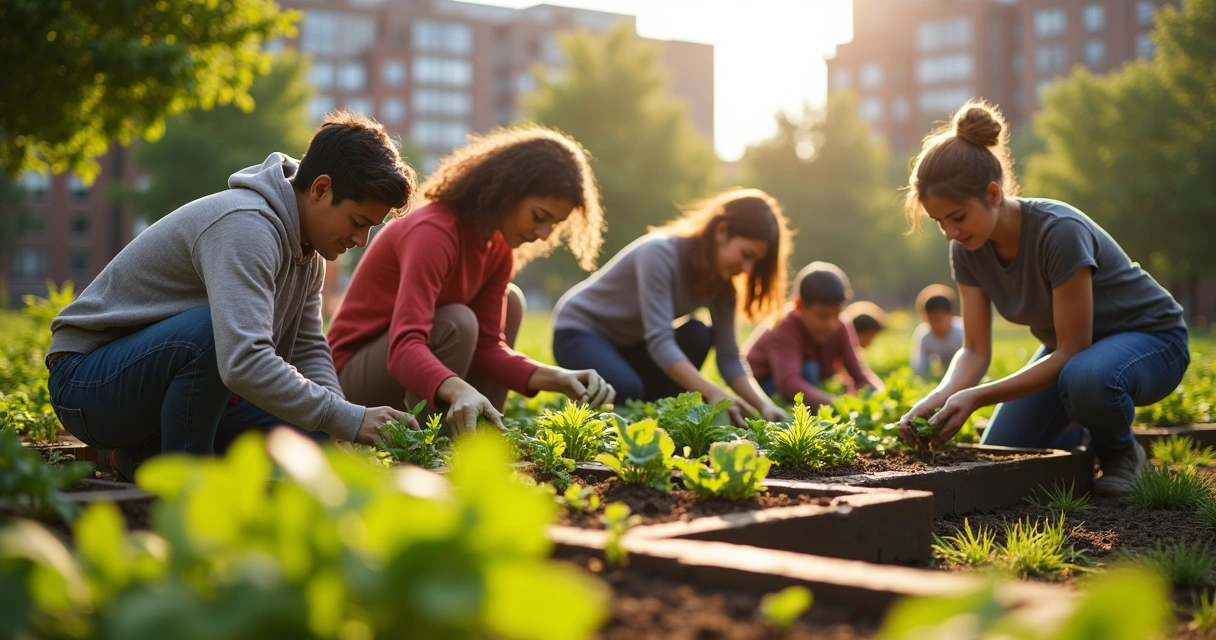 Pessoas plantando juntas em uma horta comunitária urbano