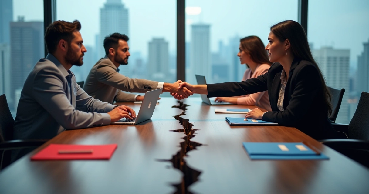 Duas pessoas em mesas opostas separadas por rachadura enquanto apertam as mãos por cima 
