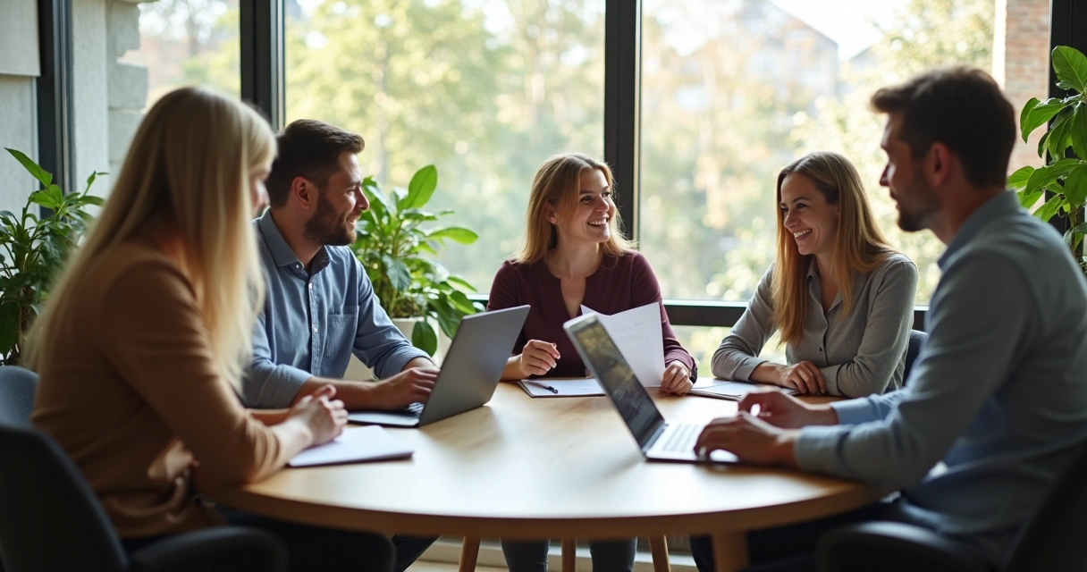 Equipe diversa colaborando sentada em mesa redonda