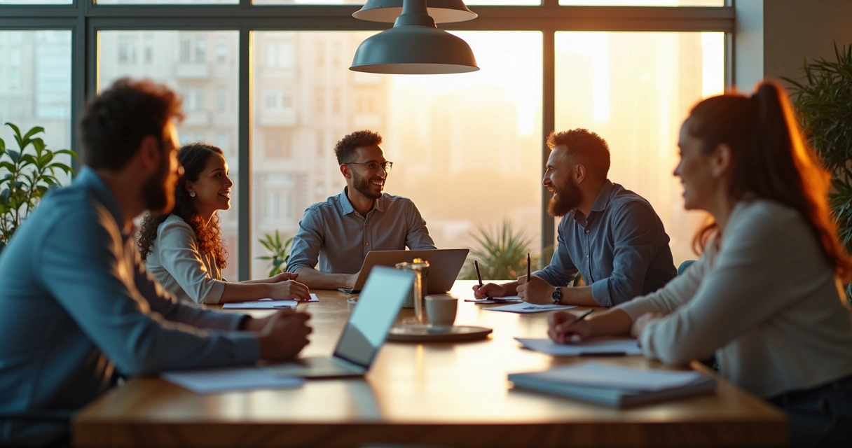 Equipe de trabalho colaborando em um escritório iluminado 
