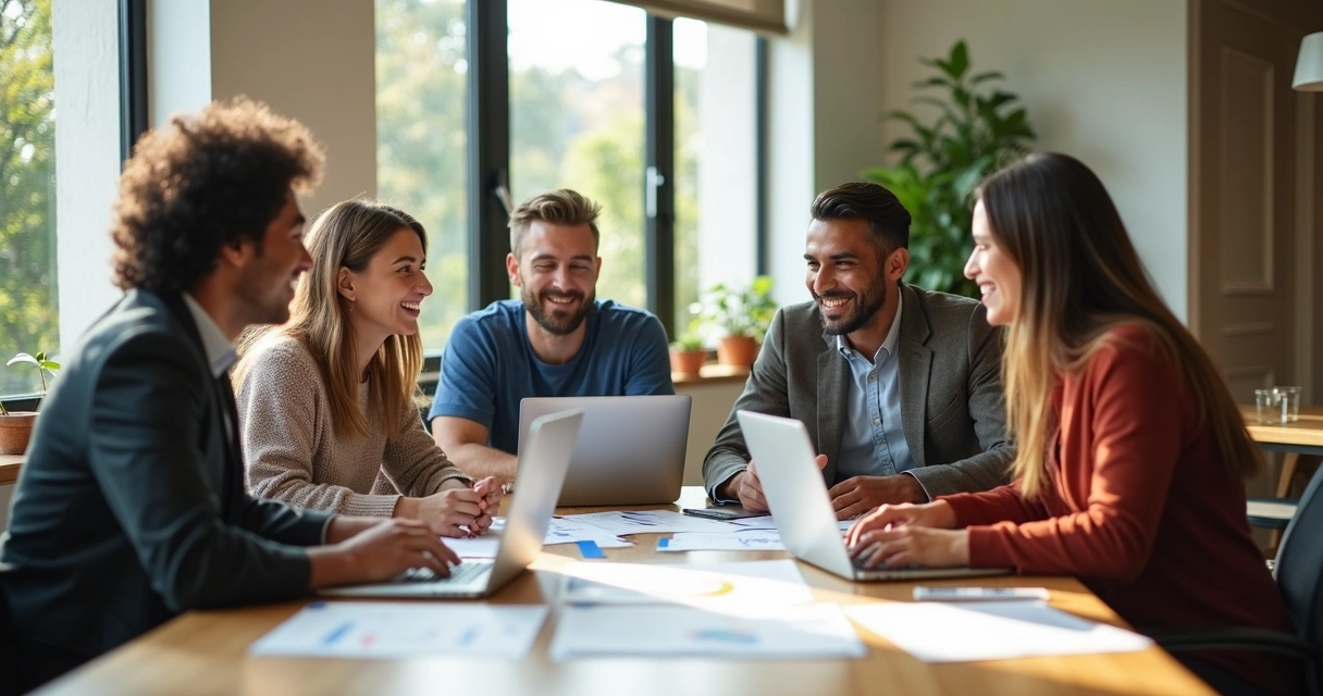Equipe de diferentes idades se reunindo ao redor de uma mesa com gestos de colaboração 