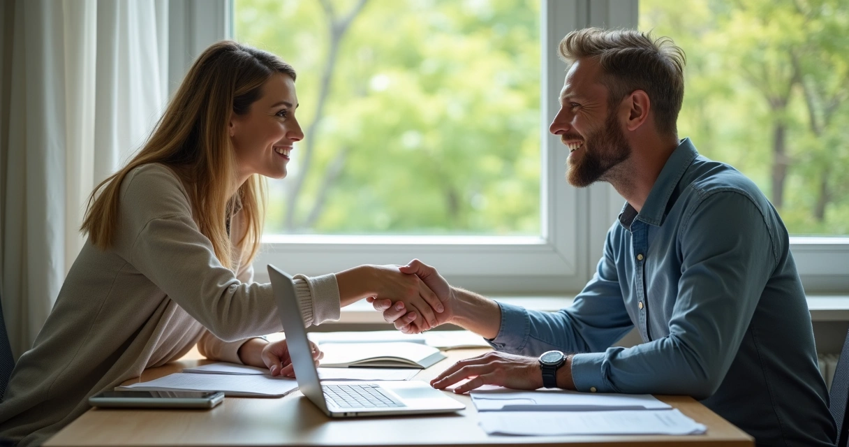 Colegas de trabalho apertando as mãos após conversa de feedback 