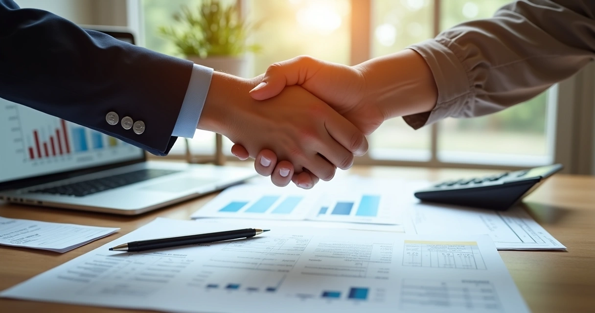 Duas mãos apertando-se sobre mesa com documentos financeiros e calculadora ao fundo 
