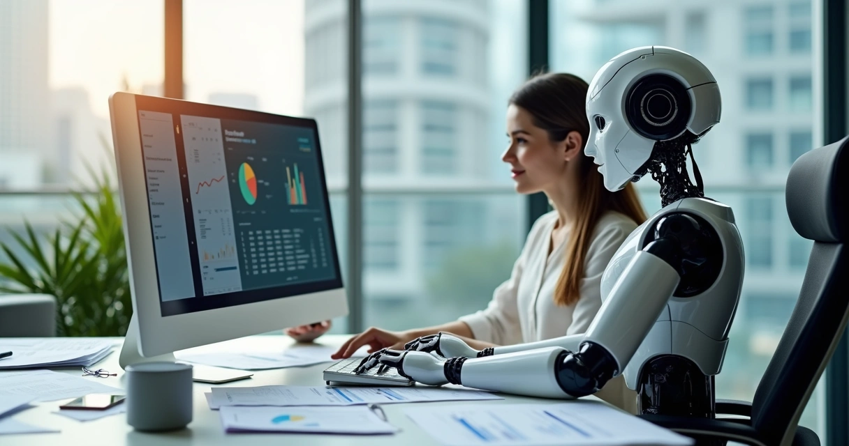 Profissional humano e robô colaborando em tarefas contábeis 