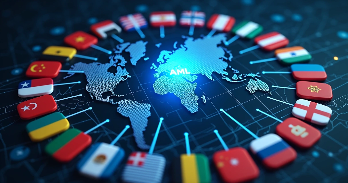 Bandeiras de países e telas digitais conectadas 