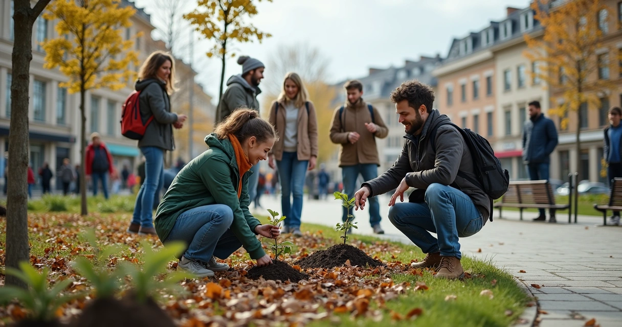 Pessoas diversas colaborando em uma praça urbana 