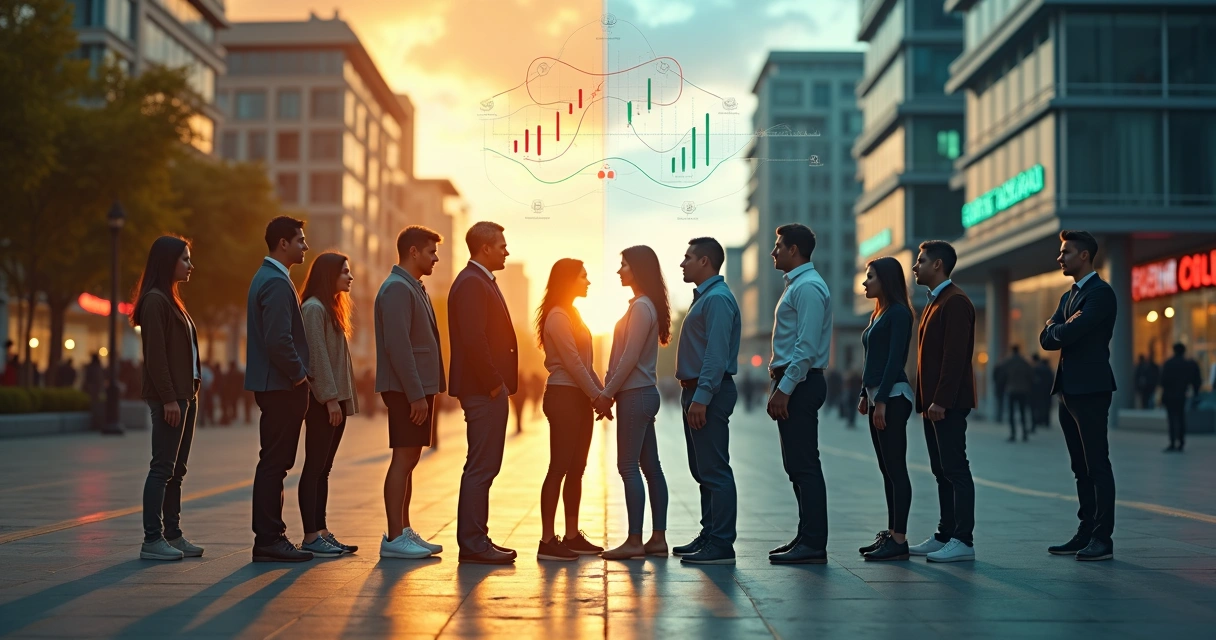 Personas cooperando y compitiendo separadas en una ciudad iluminada a dos colores 