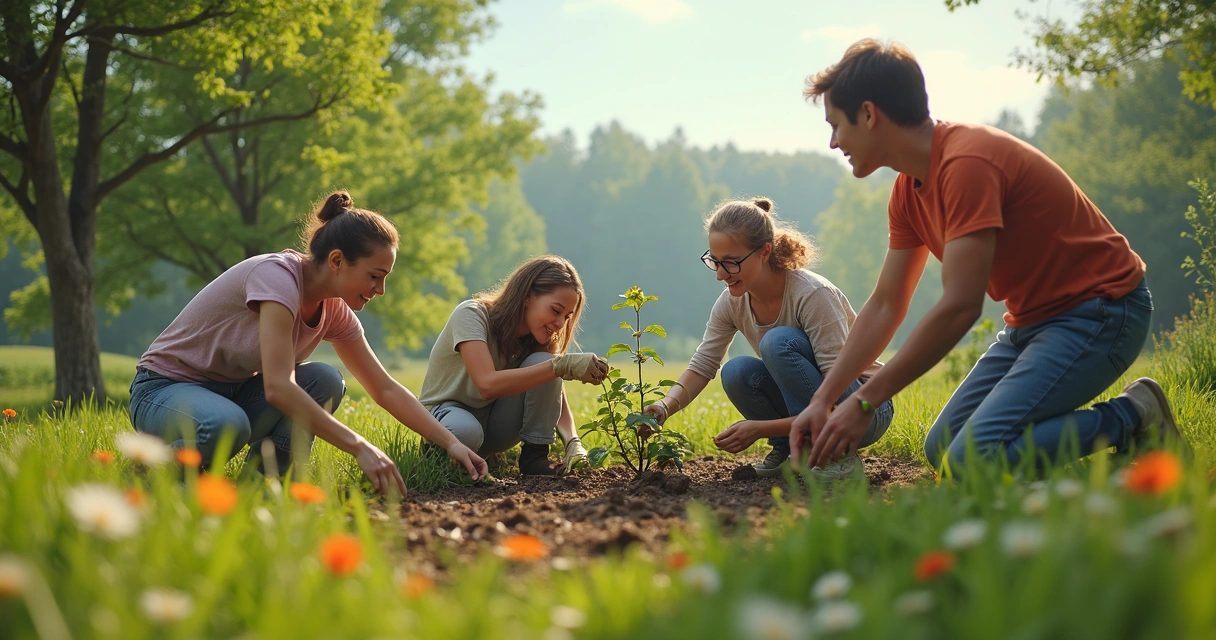 Grupo limpiando un entorno natural y colaborando 