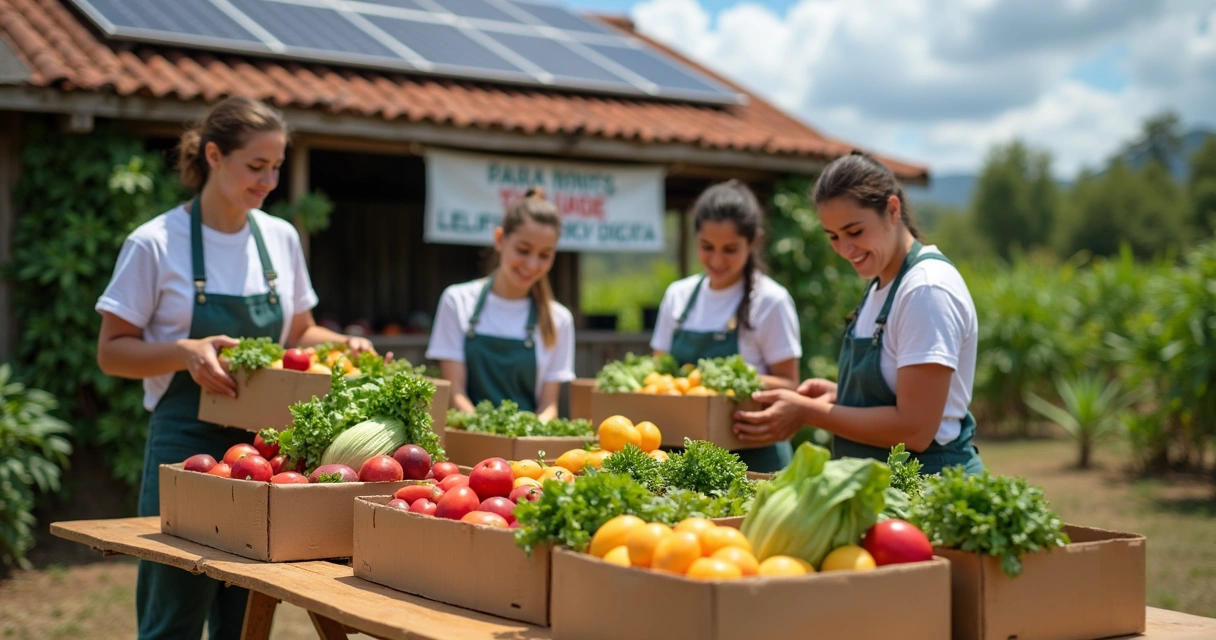 Agricultores em cooperativa rural organizando alimentos frescos em caixas de papelão 
