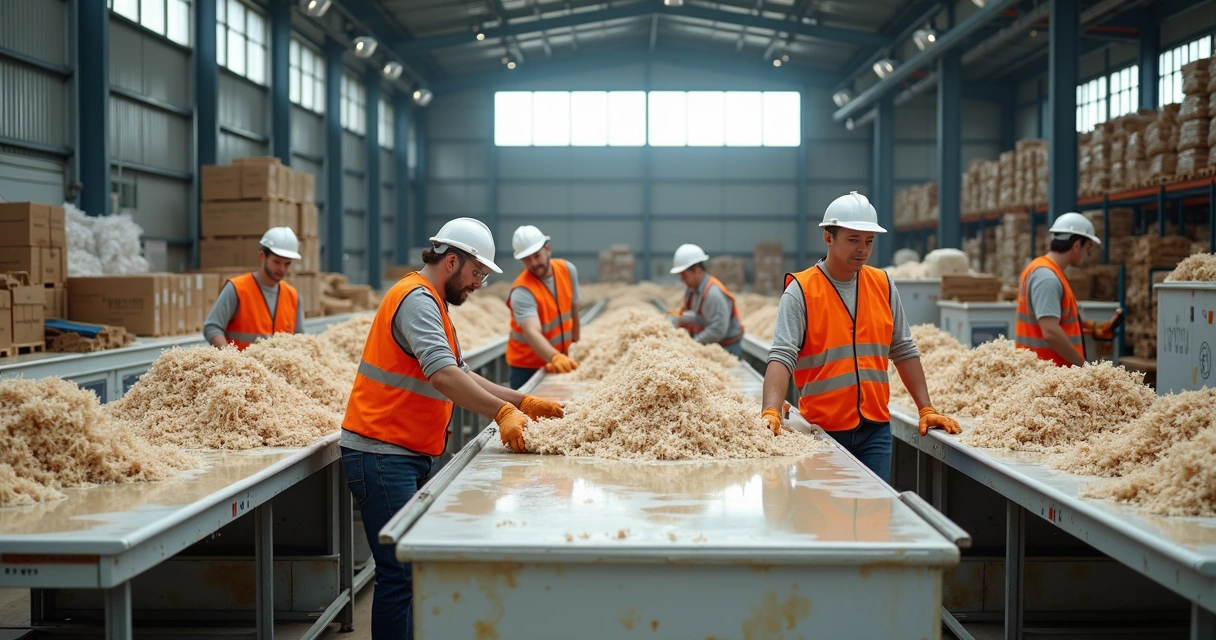 Catadores de recicláveis em oficina, separando fibras de celulose