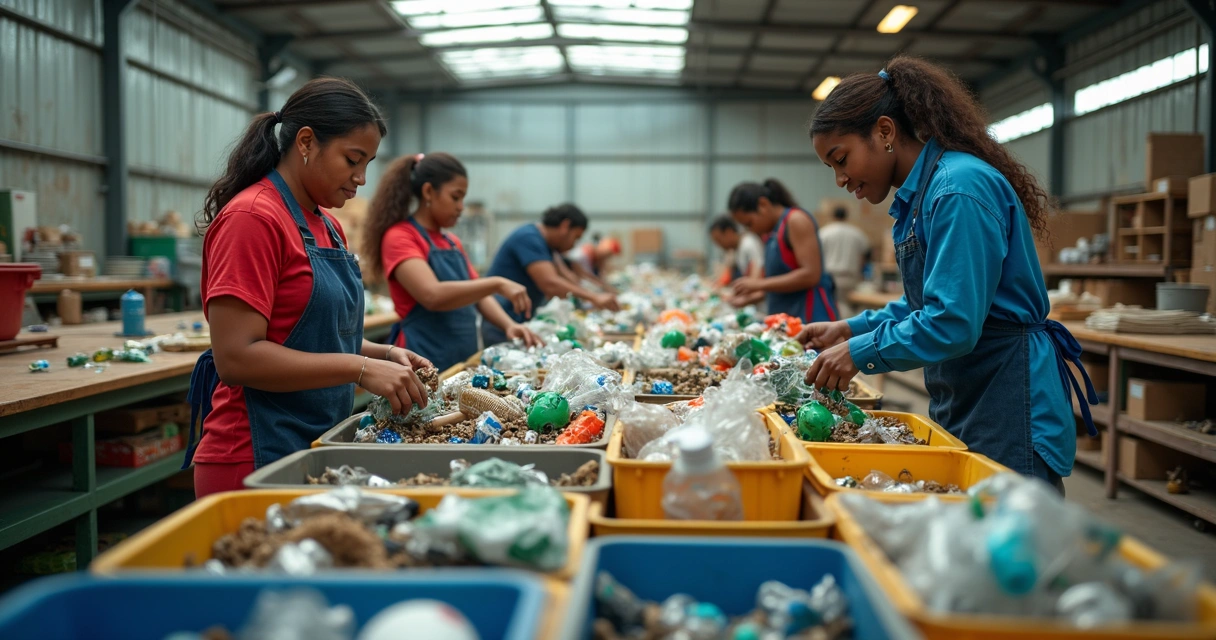 Cooperativa de catadores separando materiais recicláveis em centro organizado 