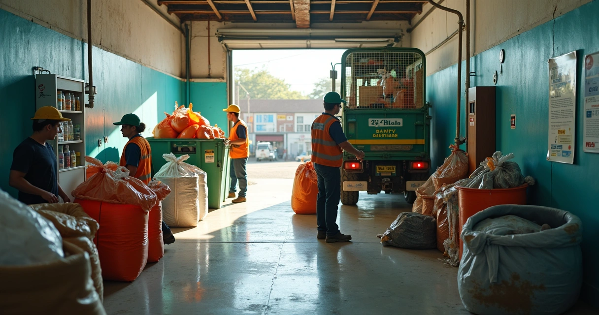 Equipamentos de reciclagem modernos com catadores uniformizados e caminhão de coleta