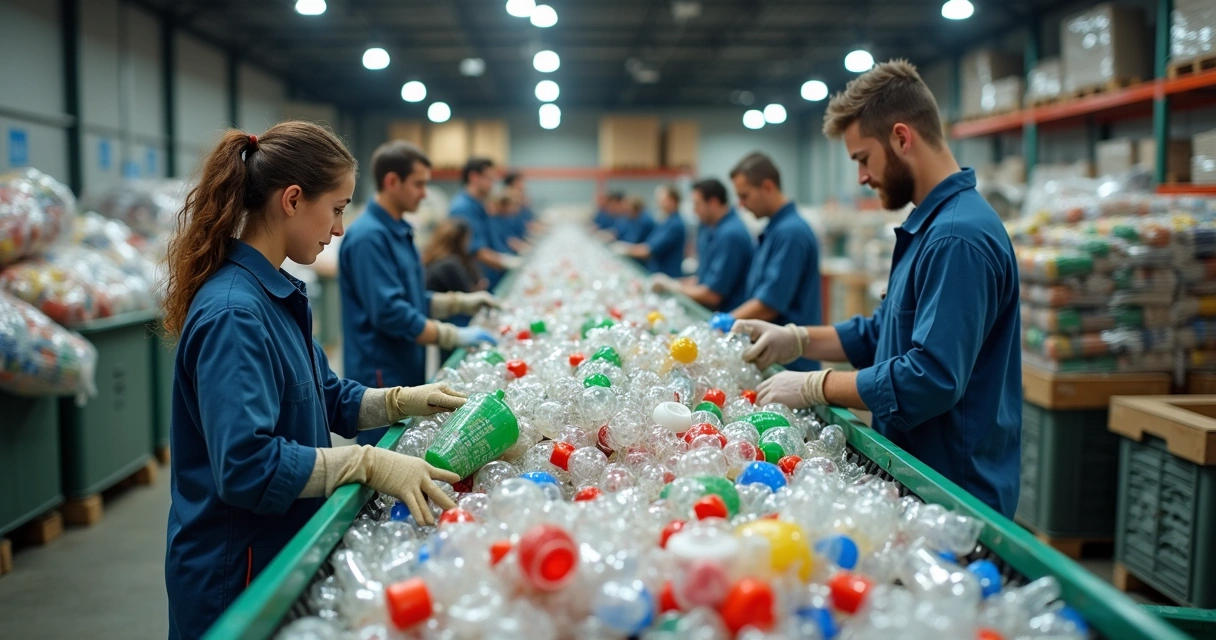 Cooperativa de catadores separando embalagens plásticas em uma esteira 