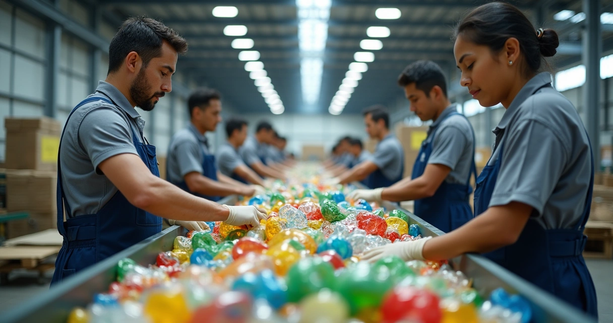 Trabalhadores de cooperativa de reciclagem separando materiais em esteira 