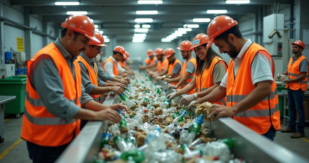 Catadores e cooperativa de reciclagem trabalhando juntos 