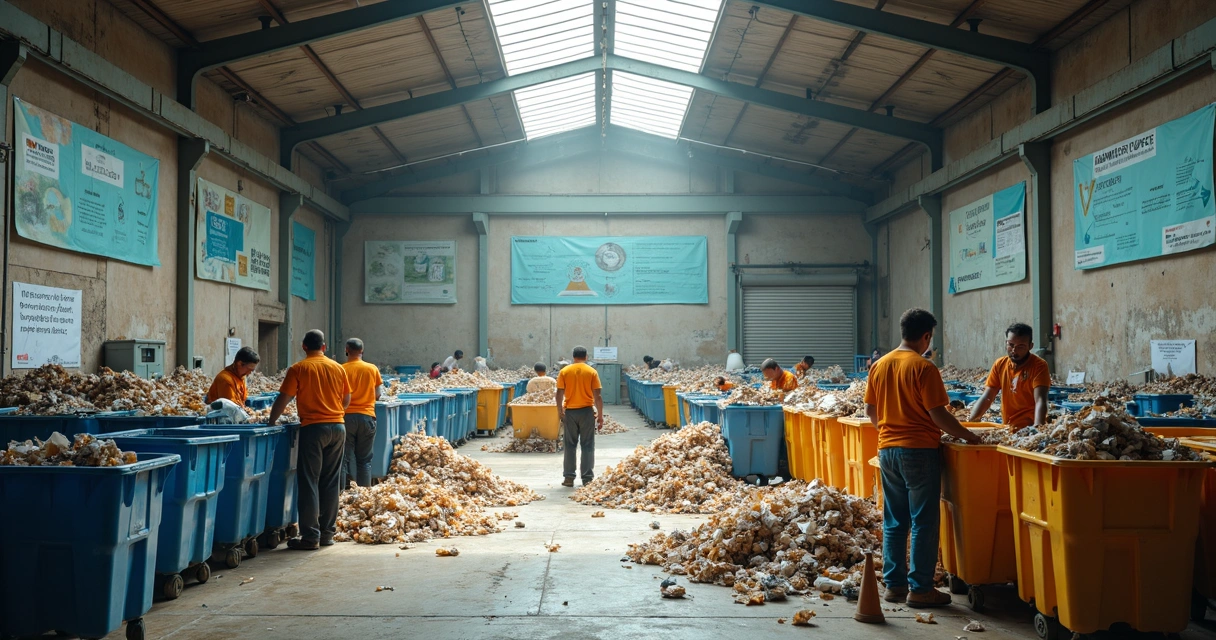 Catadores em cooperativa de reciclagem separando materiais