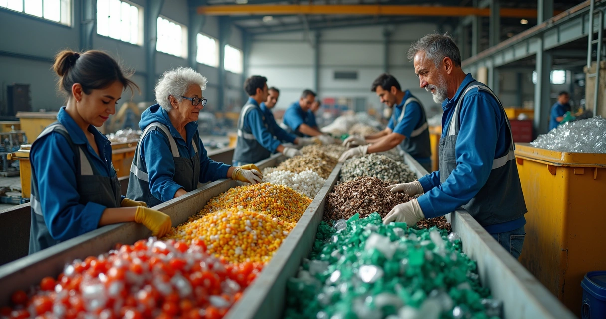 Equipe de catadores em cooperativa com resíduos e máquinas de separação