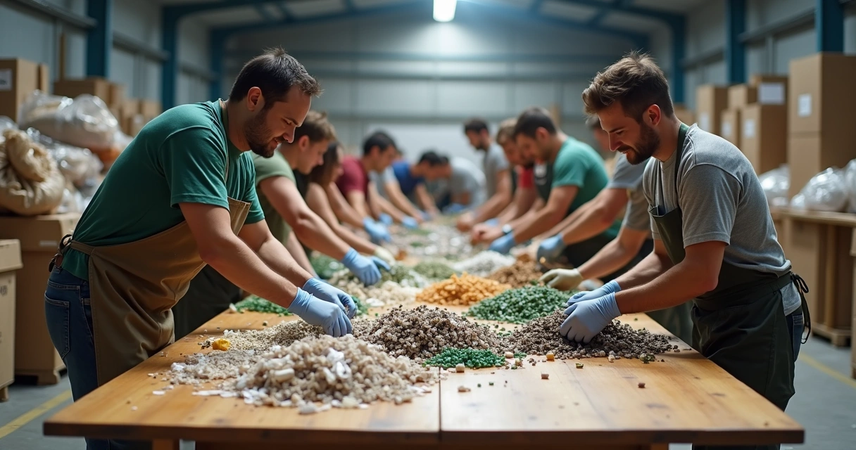 Grupo de pessoas separando material reciclável em cooperativa 