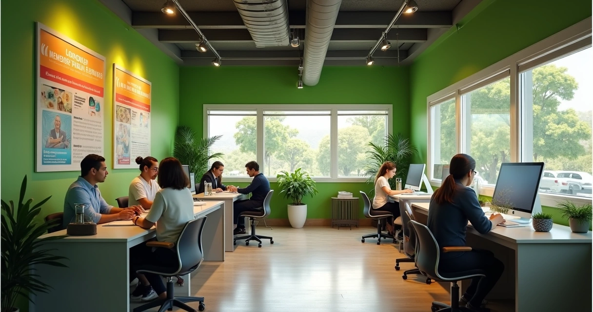 Equipe em cooperativa de crédito atendendo associados