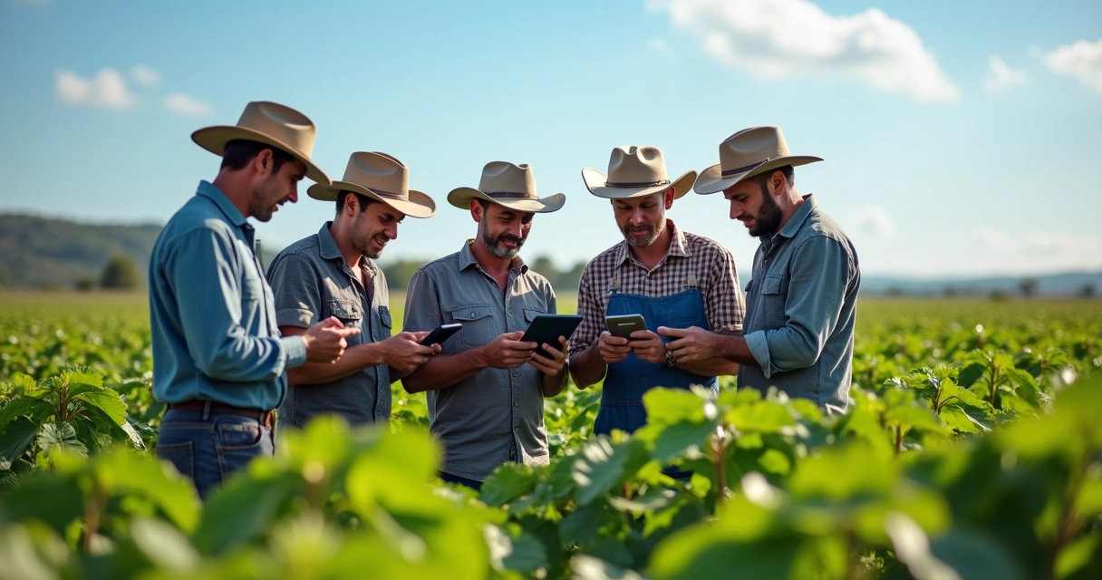 Agricultores usando tablets em plantação do Paraná