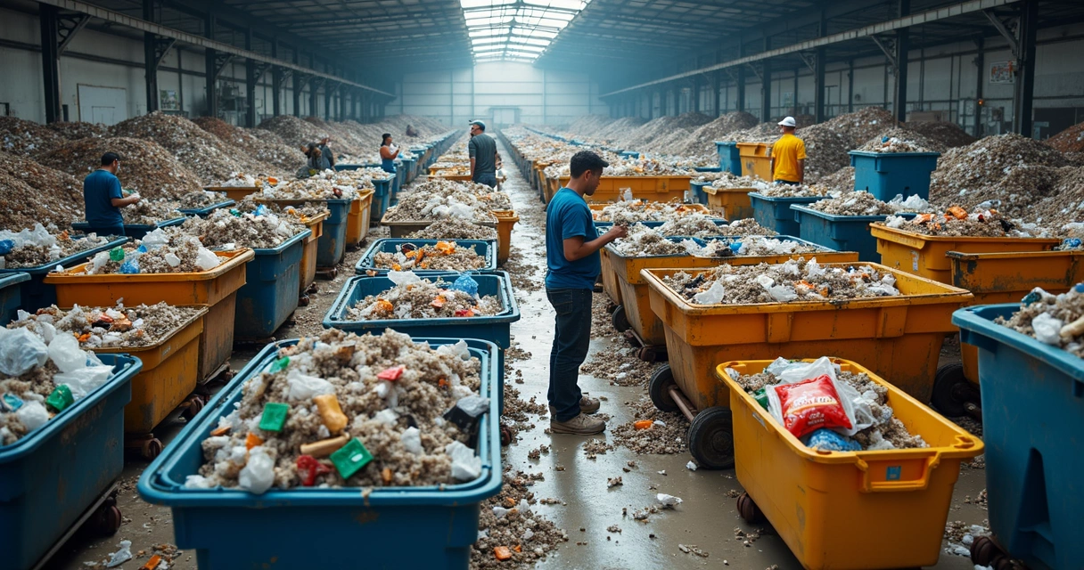 Cooperados separando resíduos industriais em pátio amplo e colorido 