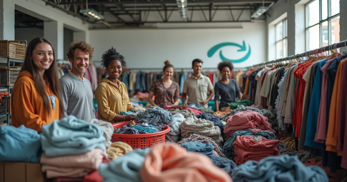 Equipe de cooperativa de reciclagem organizando roupas para moda circular