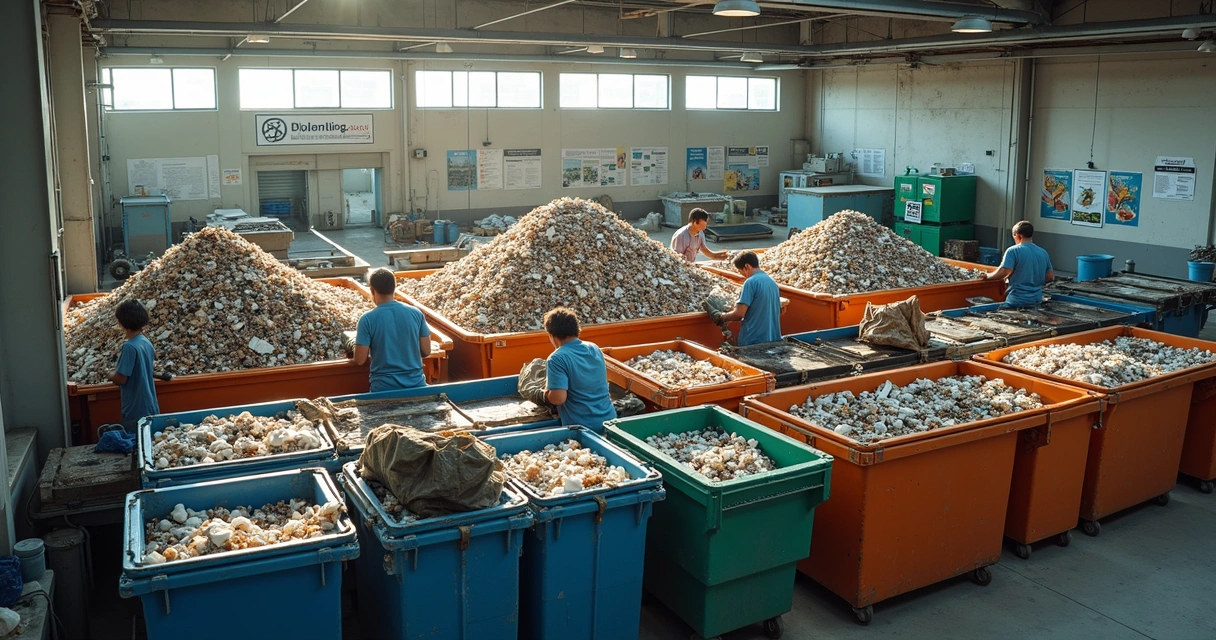 Centro de triagem de cooperativa de reciclagem com trabalhadores 