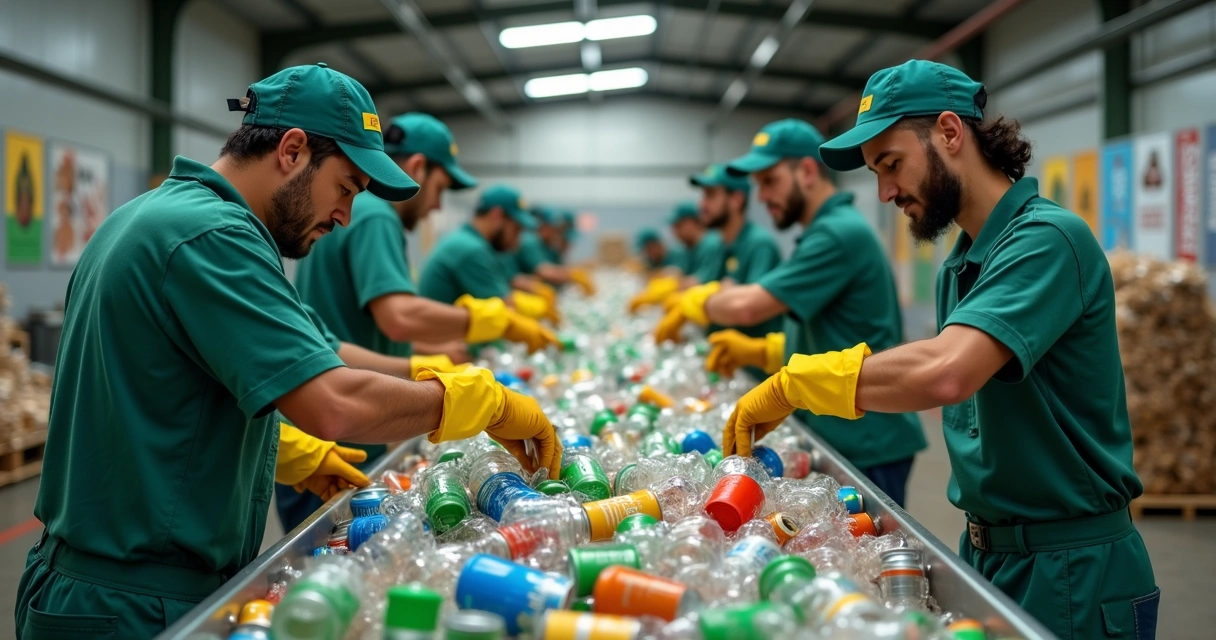 Trabalhadores em cooperativa de reciclagem municipal separando materiais 