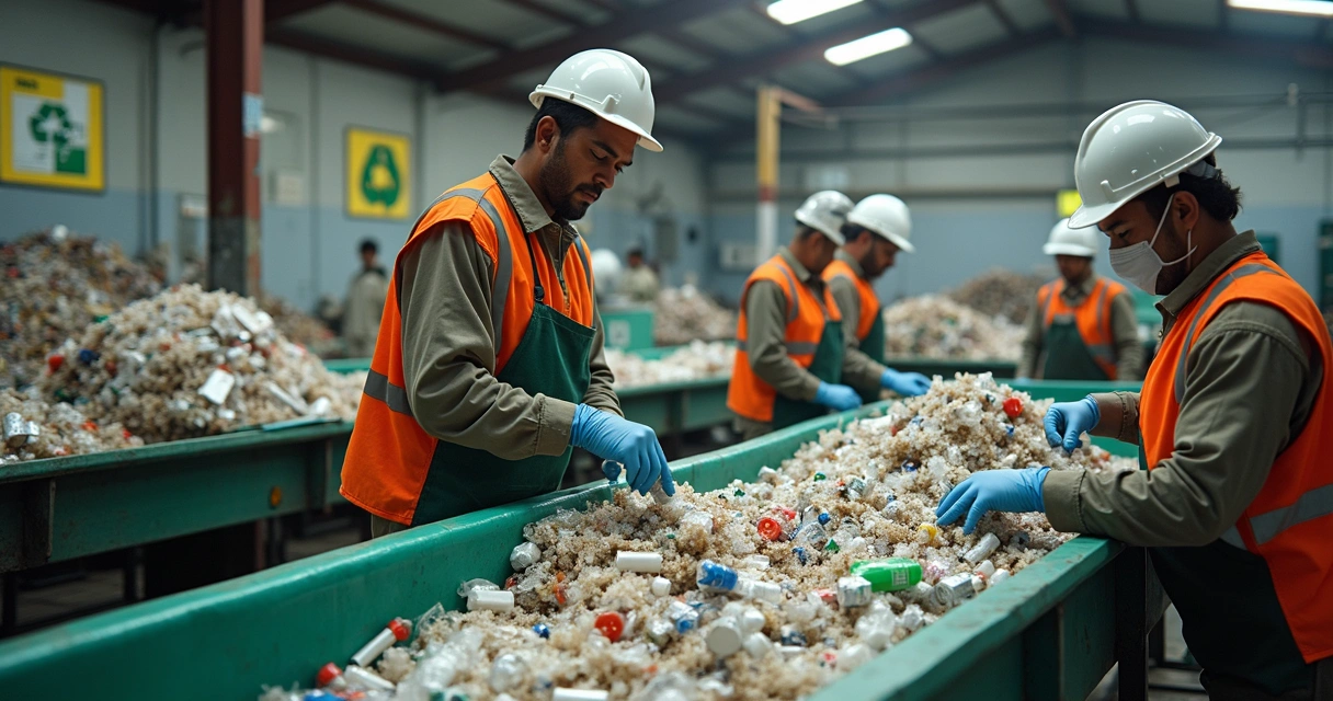 Funcionários em centro de reciclagem separando resíduos
