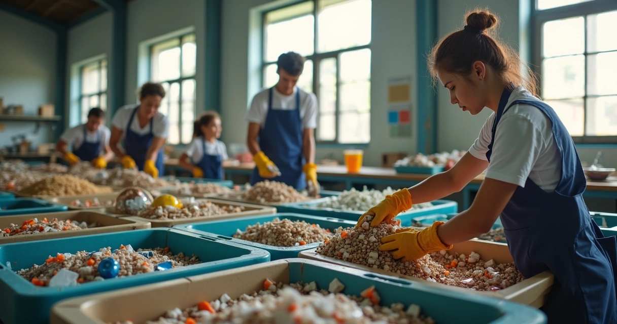 Cooperativa de reciclagem recebendo material limpo e separado de escolas 