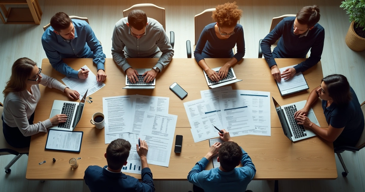 Grupo de pessoas em reunião em ambiente de cooperativa, com papéis e notebooks na mesa 