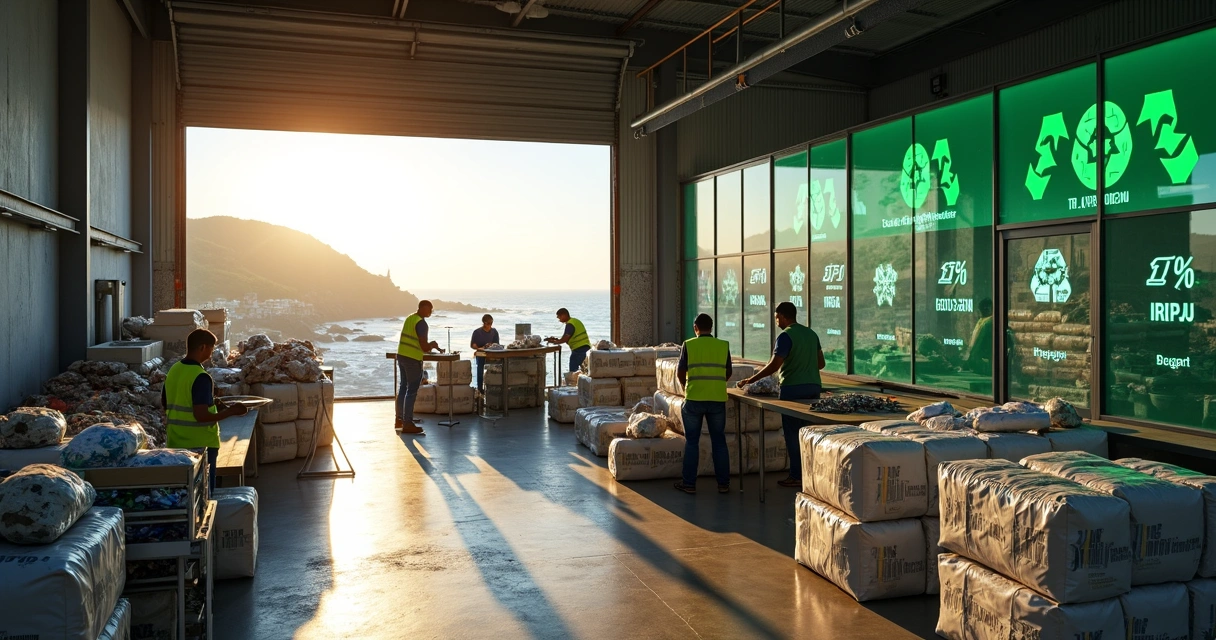 Cooperados organizam materiais recicláveis em galpão com vista para o litoral 