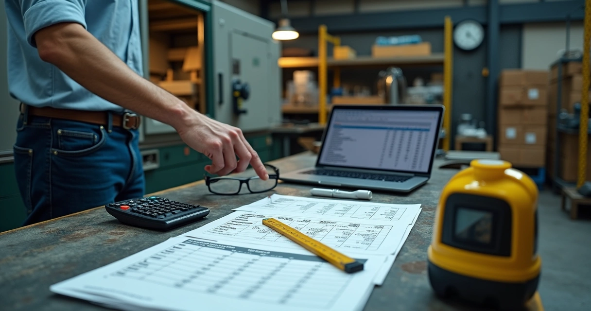 Dono de pequena fábrica analisando planilha de custo de produção ao lado de máquina industrial 