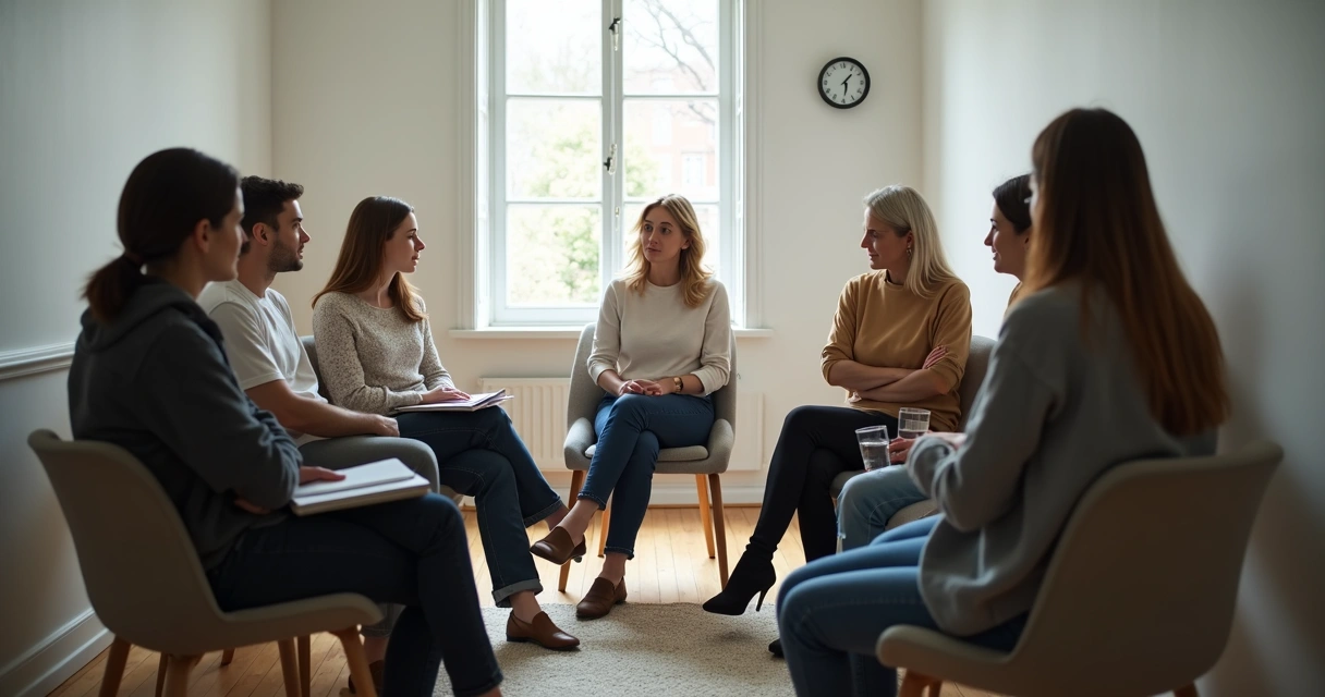 Psicólogo conduzindo grupo em sala circular