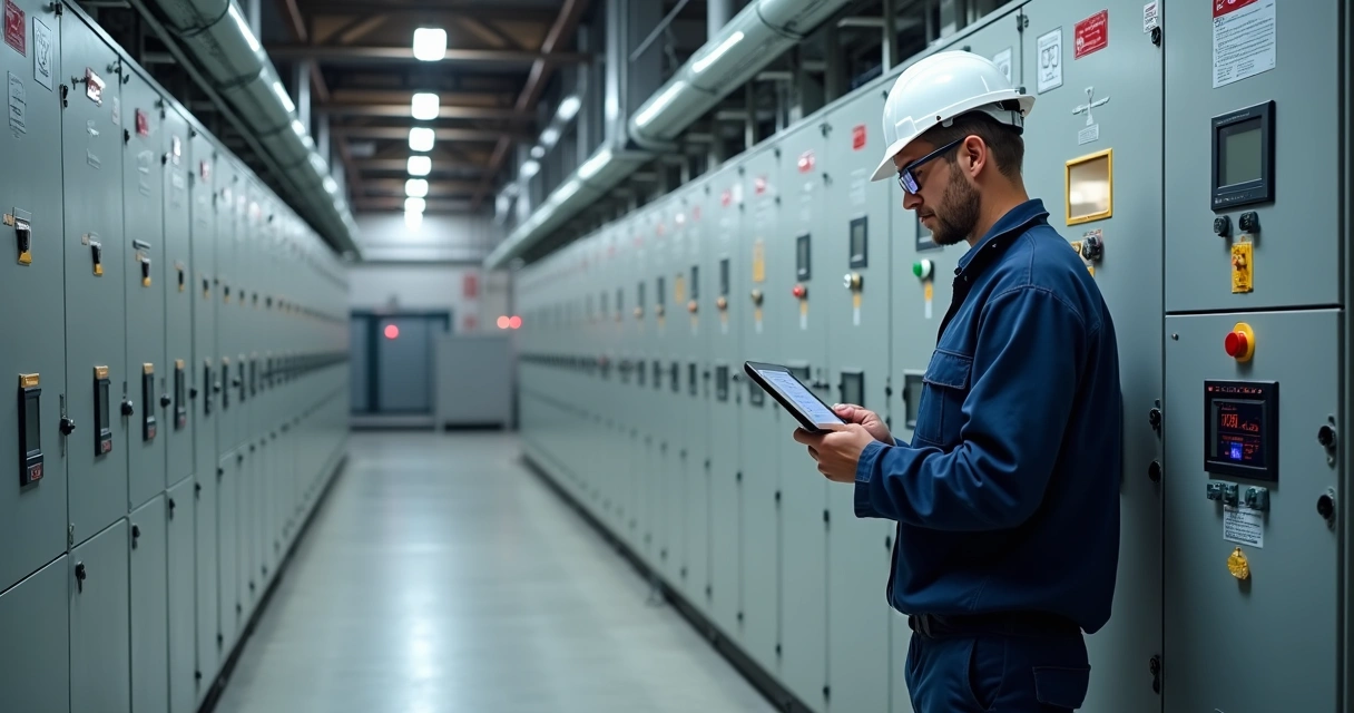 Engenheiro analisando coordenação de proteção em painéis de média tensão 