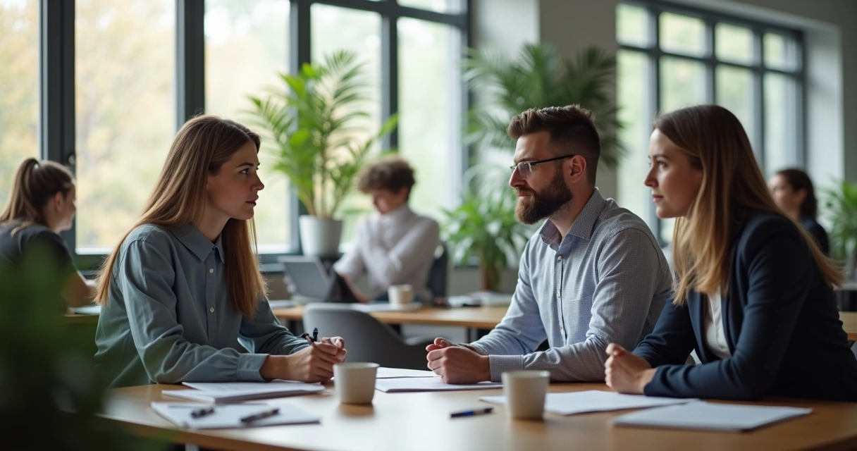 Coordenador atento ouvindo colega de trabalho em ambiente corporativo