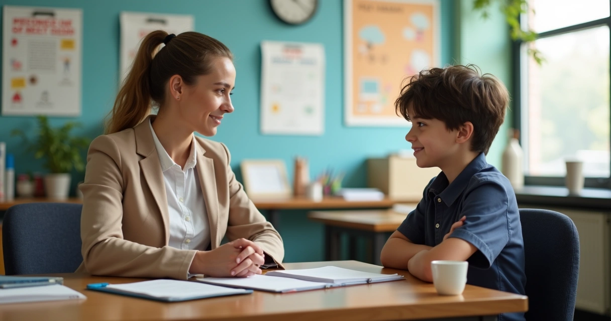 Coordenadora escolar conversa com estudante sentada à mesa 