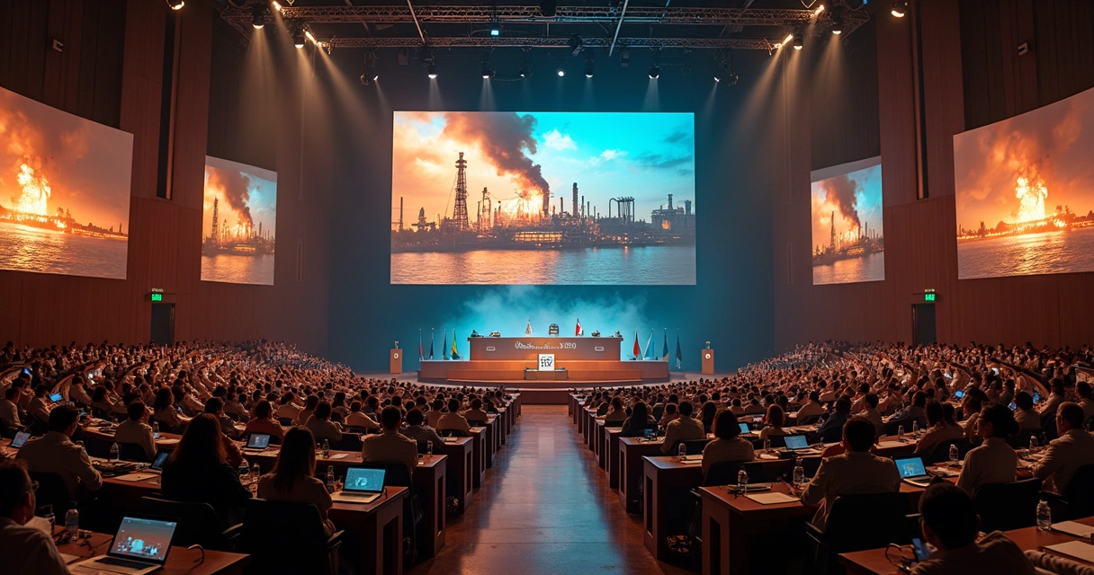 Auditório da COP30 em Belém com fumaça de incêndio ao fundo e chaminés de petróleo projetadas no telão 