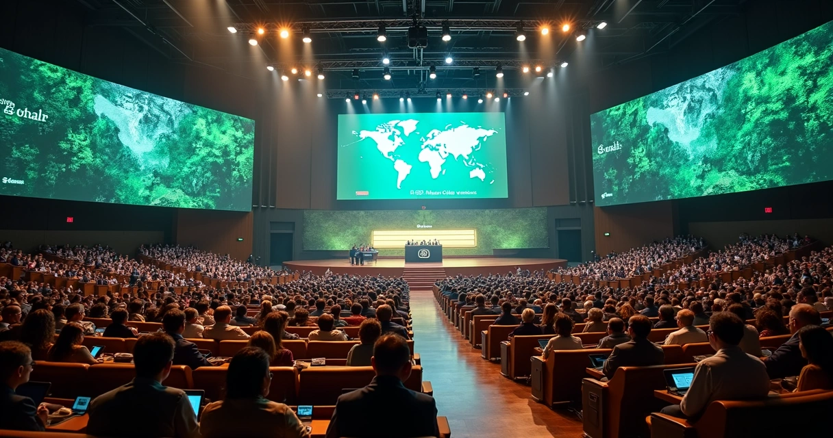 Auditório da COP30 em Belém com público diversificado e painéis digitais 