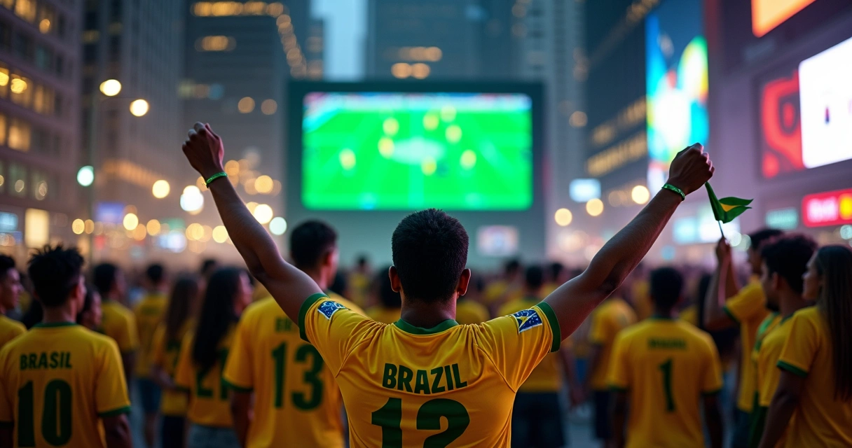 Torcida com camisas do Brasil em praça de Nova York vendo jogo em telão com prédios iluminados ao fundo 